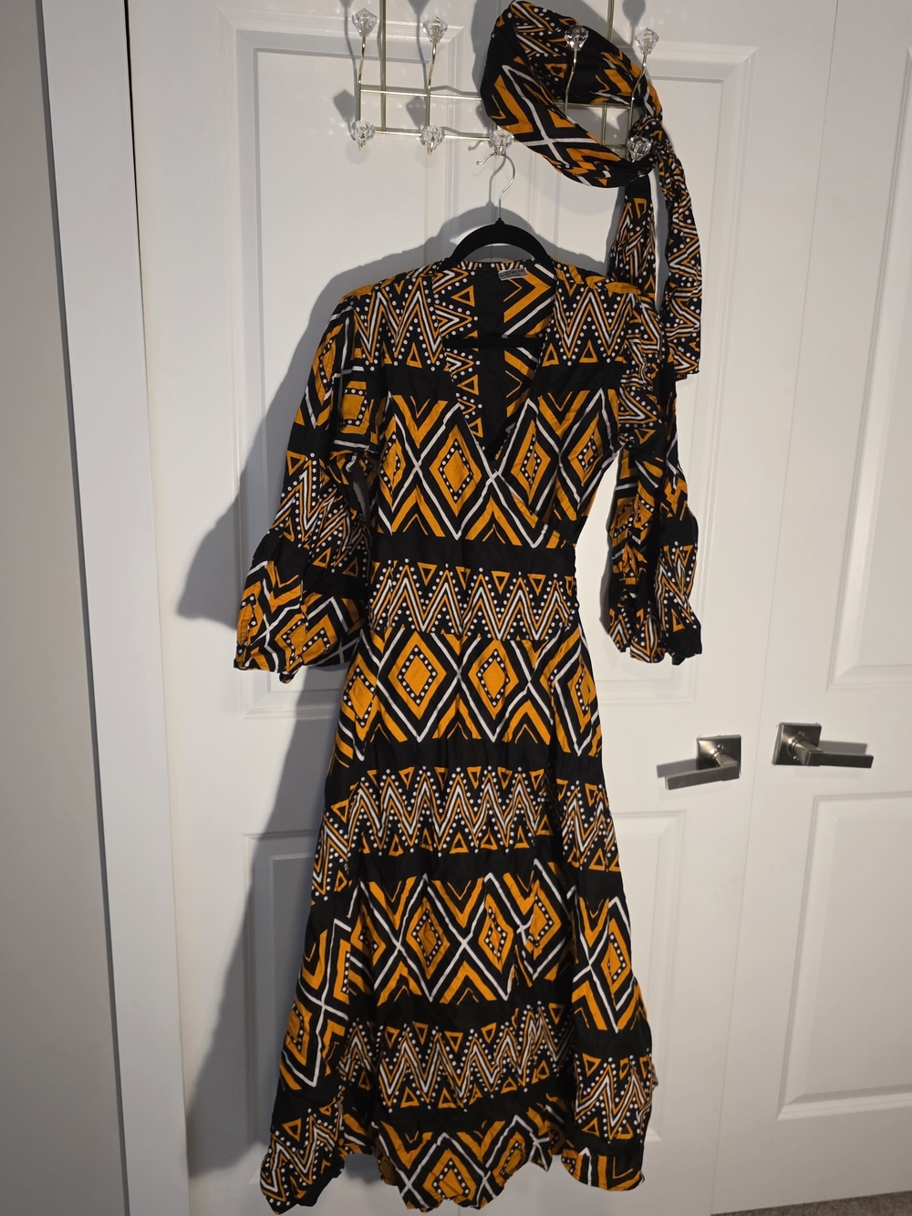 Black & Mustard Geometric Midi Dress with Headscarf